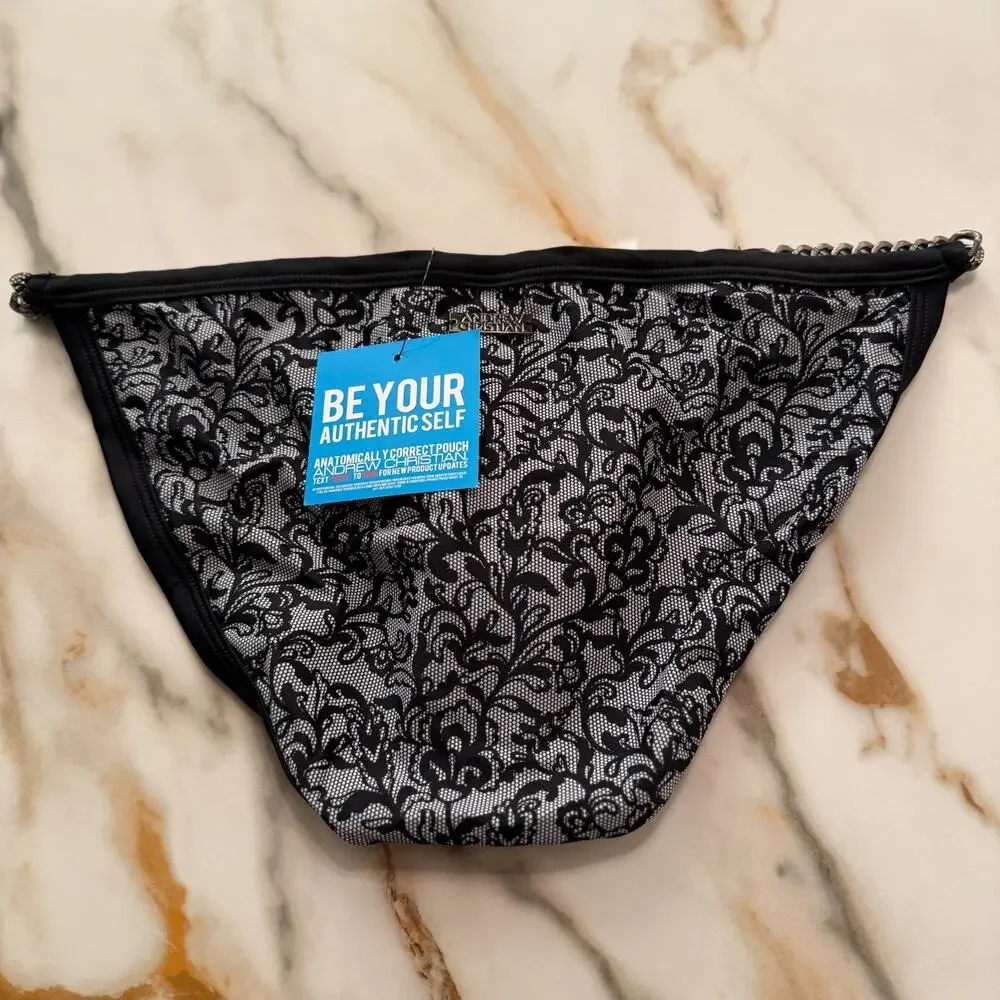 NEW Andrew Christian Chain Lace Bikini Swim Bikini Black White Size Large